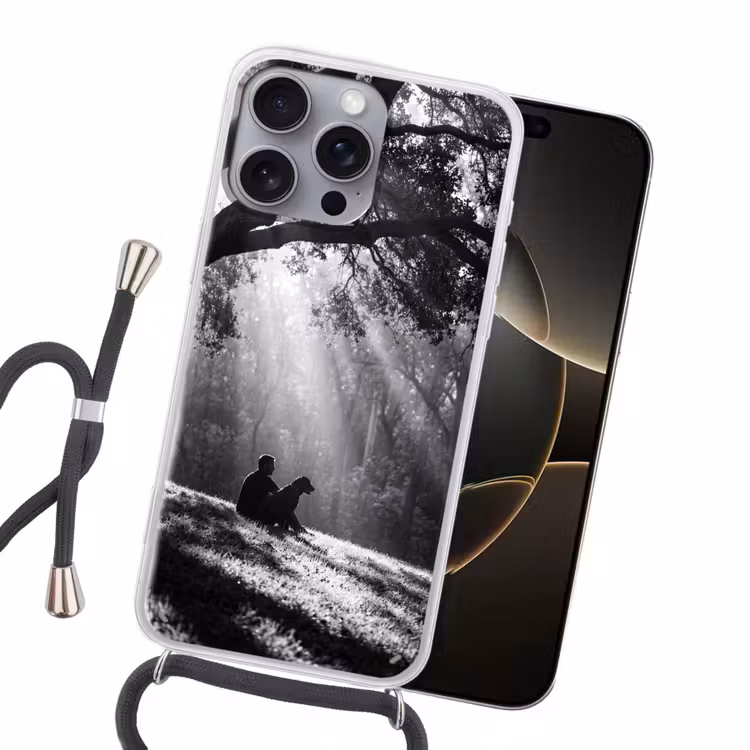 Mens - Hond - Natuur - Zwart-wit - Silhouet Hoesje iPhone 16 Pro Max met koord klein -sfeer1