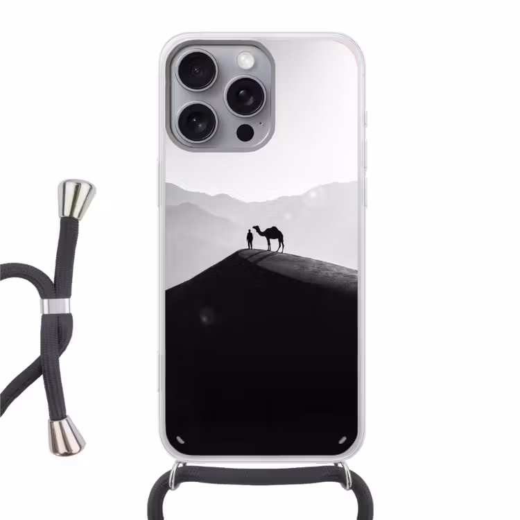 Mens - Kameel - Zandduin - Natuur - Monochroom Hoesje iPhone 16 Pro Max met koord klein -3d