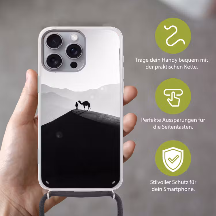 Mens - Kameel - Zandduin - Natuur - Monochroom Hoesje iPhone 16 Pro Max met koord klein -sfeer2_DE