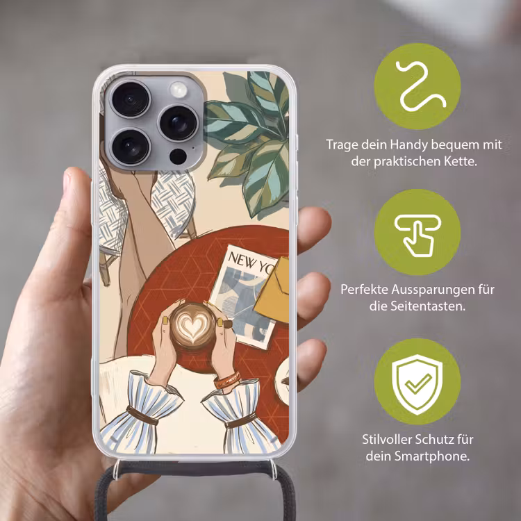 Mensen - Cafe - Koffie - Stadsleven - Modern Hoesje iPhone 16 Pro Max met koord klein -sfeer2_DE