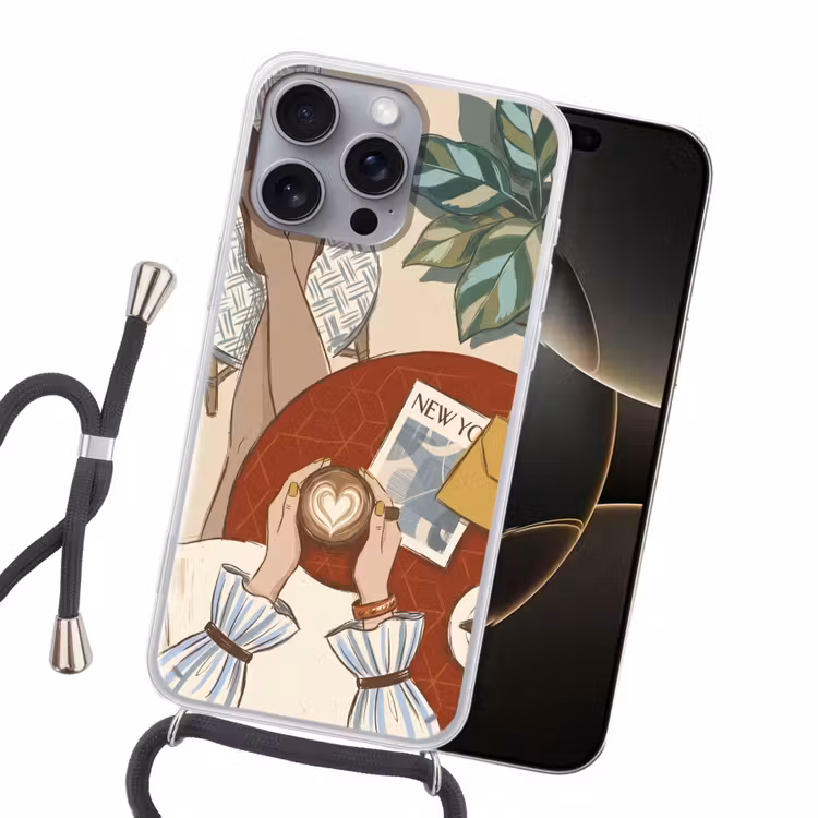 Mensen - Cafe - Koffie - Stadsleven - Modern Hoesje iPhone 16 Pro Max met koord klein -sfeer1