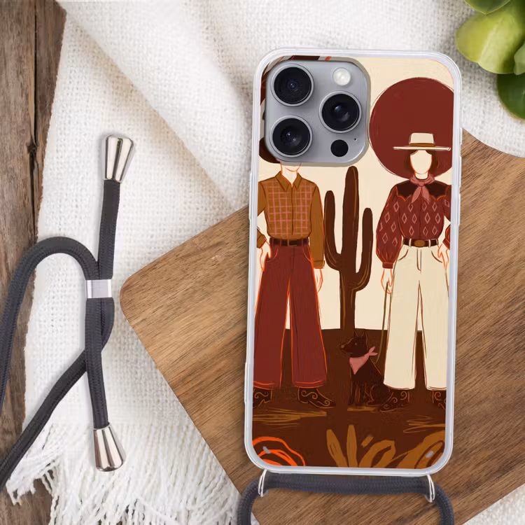Mensen - Cowboykleding - Westerse stijl - Illustratie - Bruin Hoesje iPhone 16 Pro Max met koord klein -sfeer4