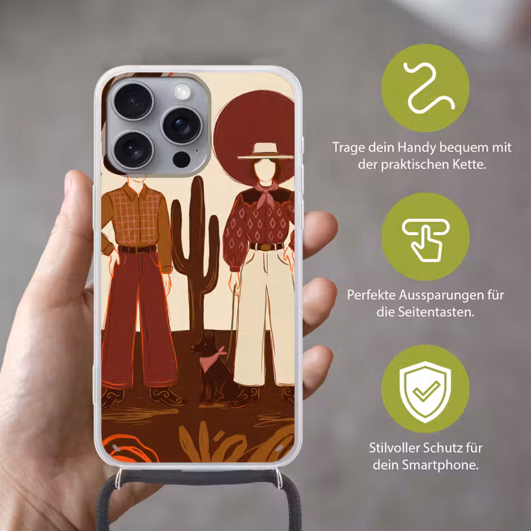 Mensen - Cowboykleding - Westerse stijl - Illustratie - Bruin Hoesje iPhone 16 Pro Max met koord klein -sfeer2_DE