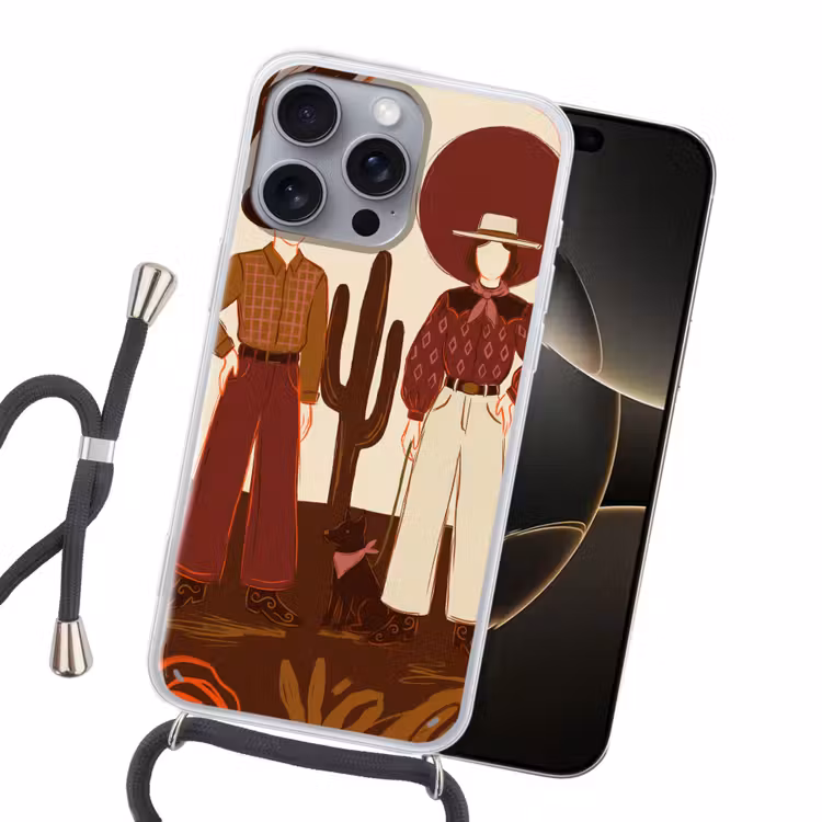 Mensen - Cowboykleding - Westerse stijl - Illustratie - Bruin Hoesje iPhone 16 Pro Max met koord klein -sfeer1