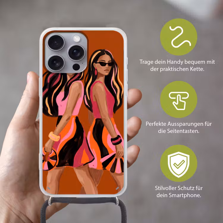 Mensen - Duo - Mode - Illustratie - Kleurrijk Hoesje iPhone 16 Pro Max met koord klein -sfeer2_DE