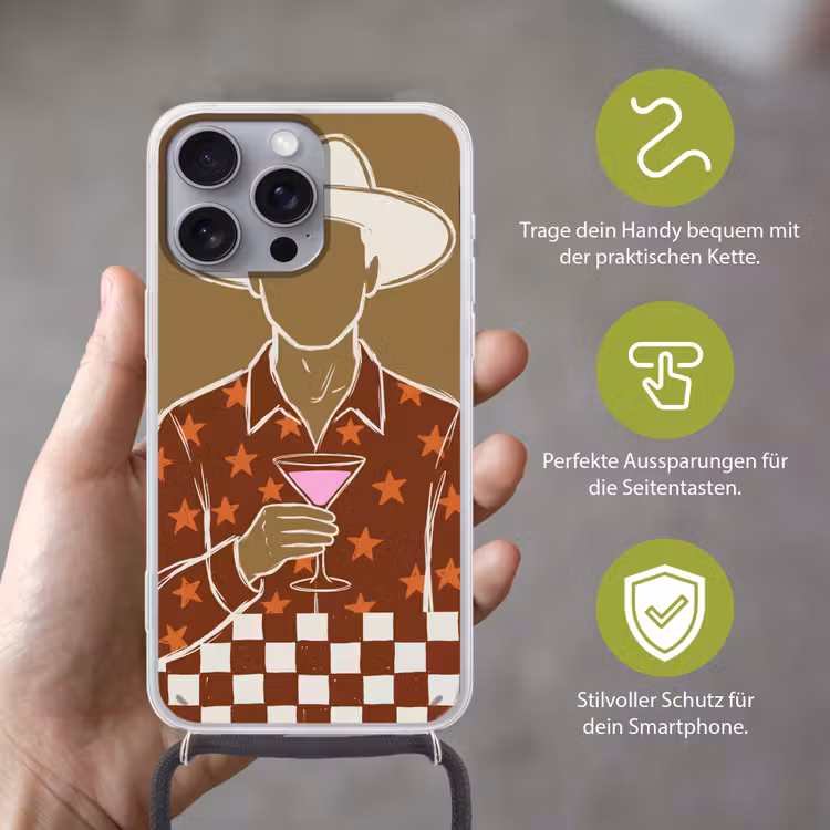 Mensen - Hoed - Cocktail - Abstract - Modern Hoesje iPhone 16 Pro Max met koord klein -sfeer2_DE