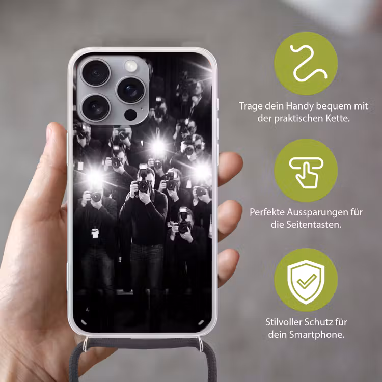 Mensen - Camera - Flitslicht - Zwart-wit - Media Hoesje iPhone 16 Pro Max met koord klein -sfeer2_DE