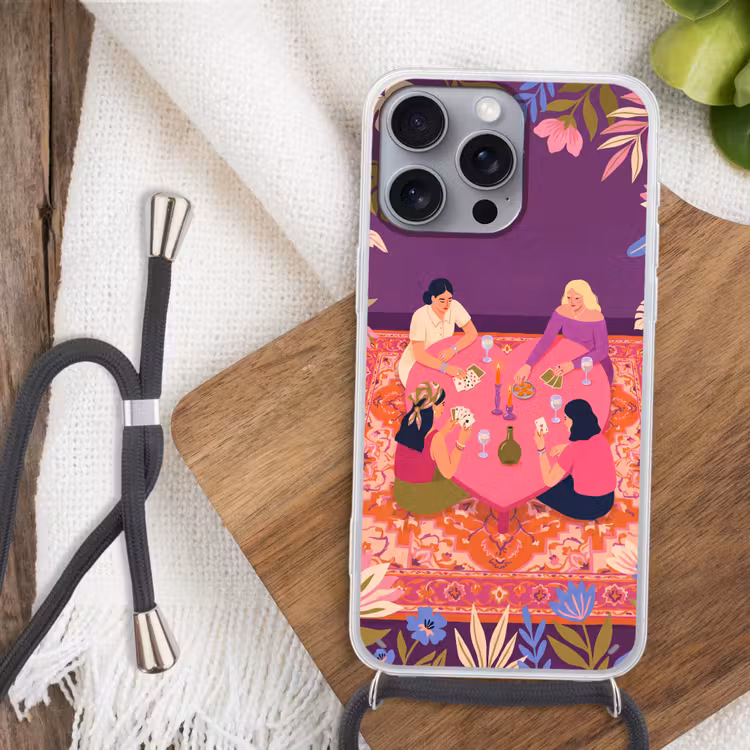 Mensen - Kaartspel - Interieur - Modern - Kleurrijk Hoesje iPhone 16 Pro Max met koord klein -sfeer4