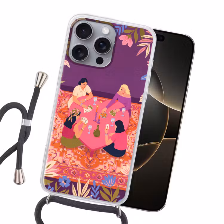 Mensen - Kaartspel - Interieur - Modern - Kleurrijk Hoesje iPhone 16 Pro Max met koord klein -sfeer1