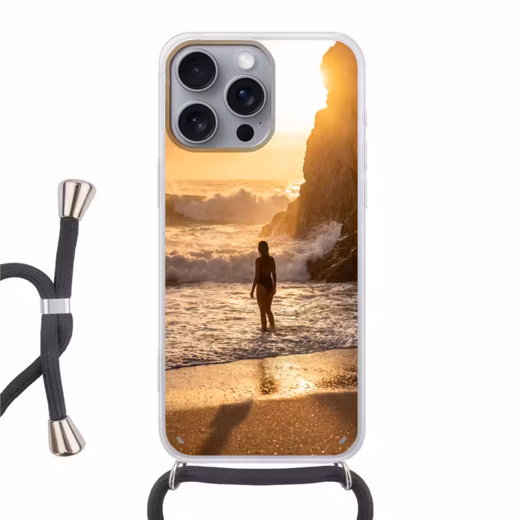 Mensen - Oceaan - Zonsondergang - Kust - Goud Hoesje iPhone 16 Pro Max met koord klein -3d