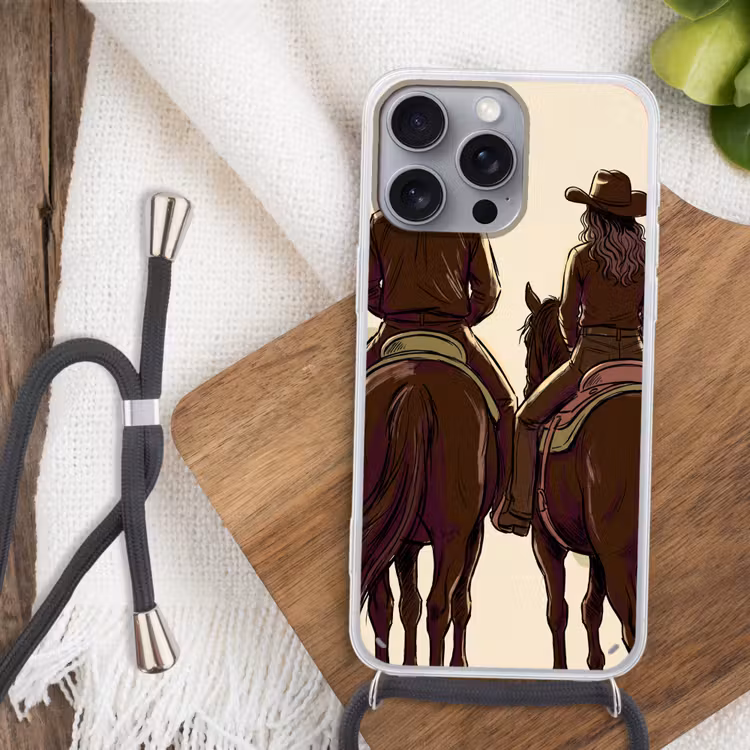 Mensen - Ruiters - Western - Illustratie - Bruin Hoesje iPhone 16 Pro Max met koord klein -sfeer4