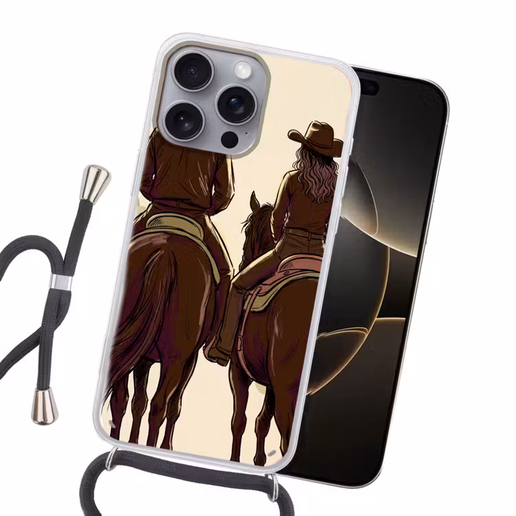 Mensen - Ruiters - Western - Illustratie - Bruin Hoesje iPhone 16 Pro Max met koord klein -sfeer1