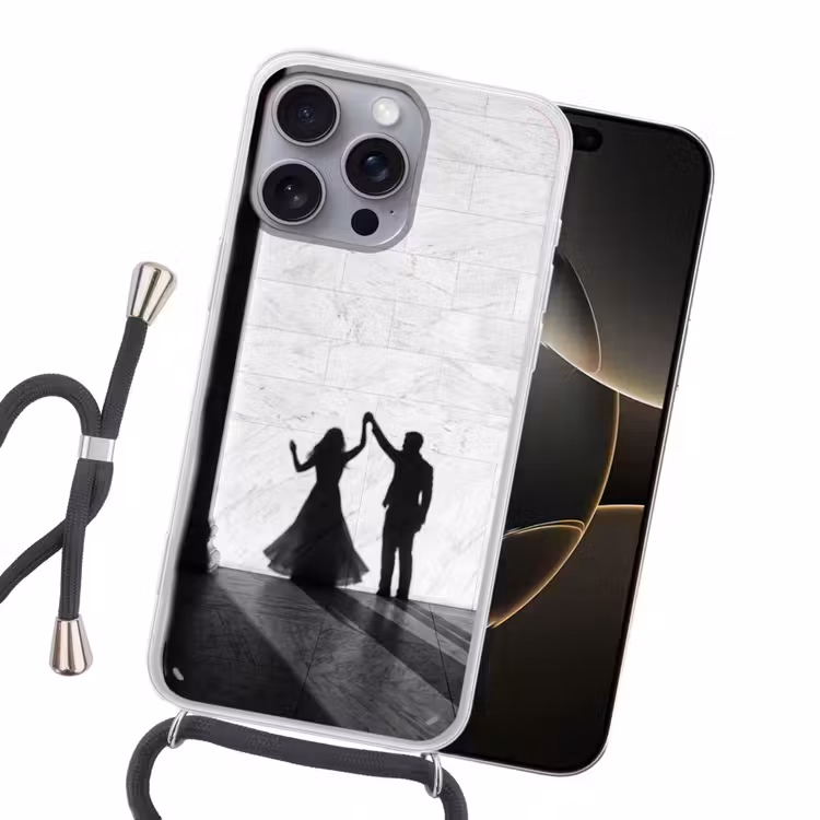 Mensen - Schaduw - Dans - Zwart-wit - Liefde Hoesje iPhone 16 Pro Max met koord klein -sfeer1