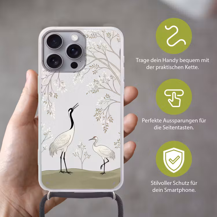 Minimalistisch - Kraanvogels - Blauw Hoesje iPhone 16 Pro Max met koord klein -sfeer2_DE