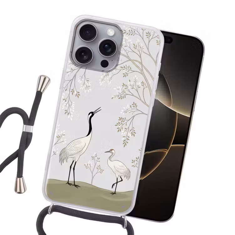 Minimalistisch - Kraanvogels - Blauw Hoesje iPhone 16 Pro Max met koord klein -sfeer1