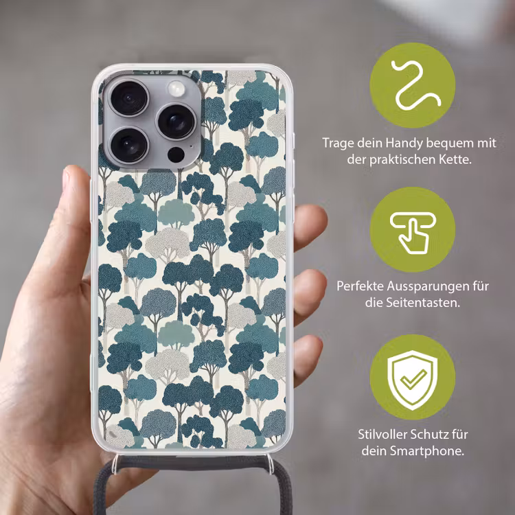 Modern - Bomen - Bos - Patroon - Blauw Hoesje iPhone 16 Pro Max met koord klein 804 -sfeer2_DE