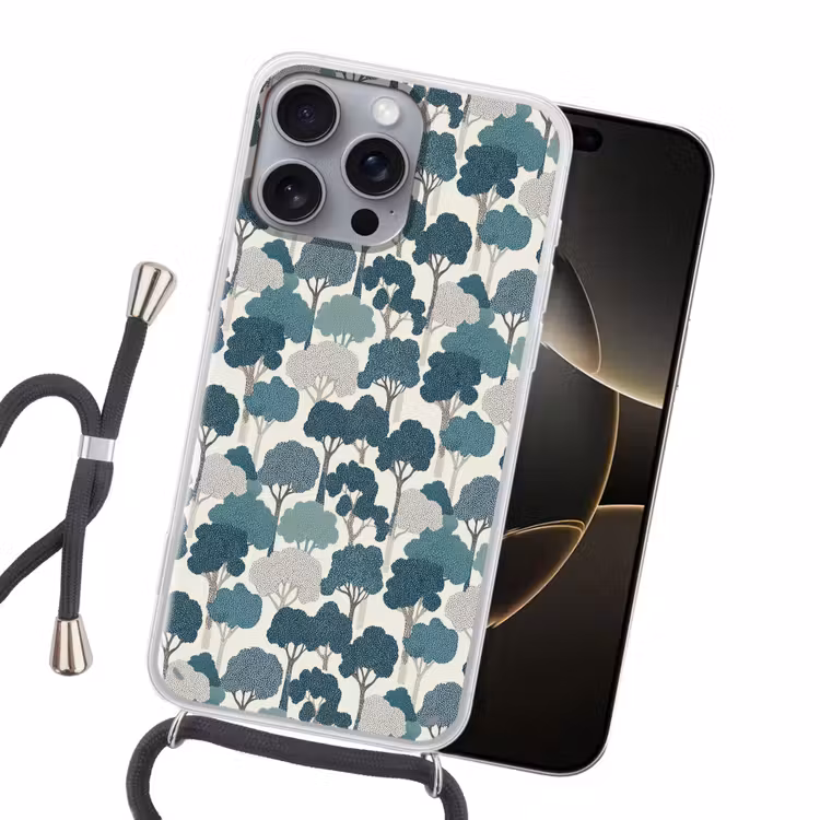 Modern - Bomen - Bos - Patroon - Blauw Hoesje iPhone 16 Pro Max met koord klein 804 -sfeer1