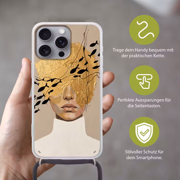 Modern - Vrouw - Goud Hoesje iPhone 16 Pro Max met koord klein -sfeer2_DE