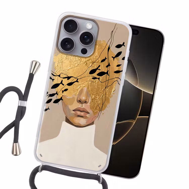 Modern - Vrouw - Goud Hoesje iPhone 16 Pro Max met koord klein -sfeer1