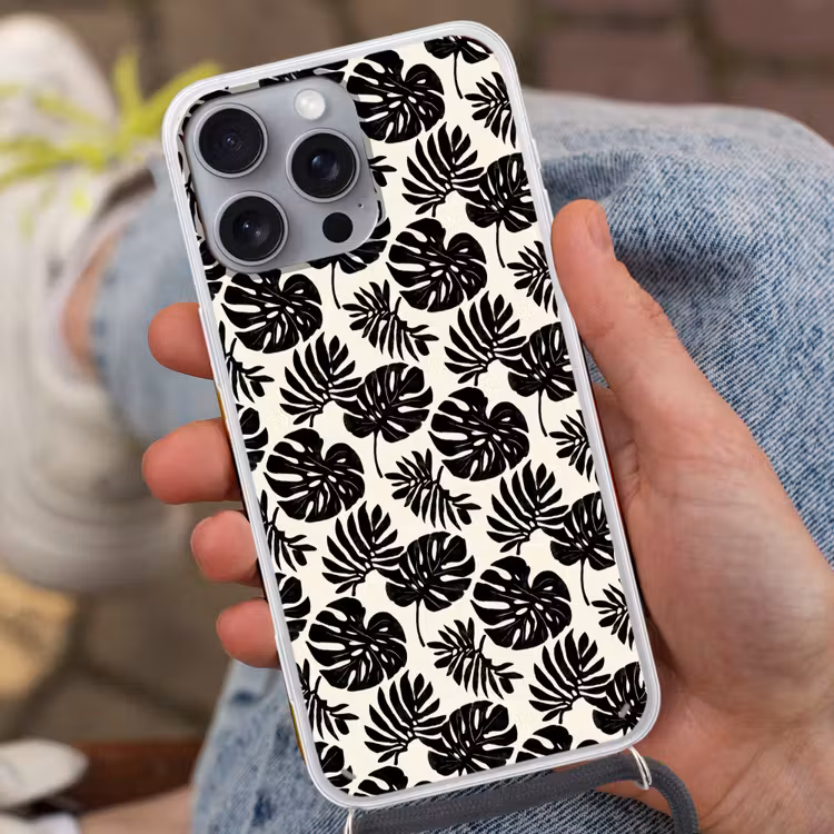 Modern - Monstera - Zwart Hoesje iPhone 16 Pro Max met koord klein 804 -sfeer3