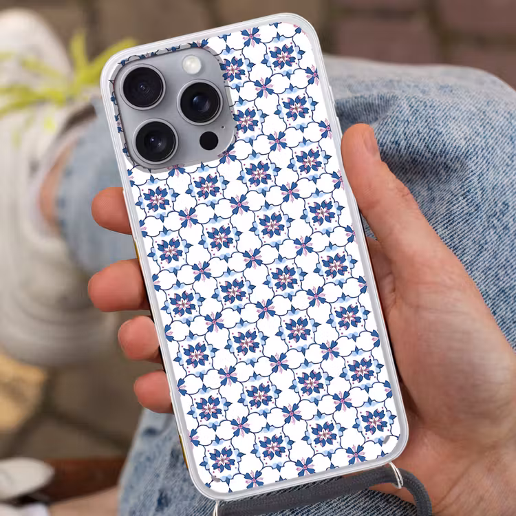 Modern - Patroon - Blauw - Roze Hoesje iPhone 16 Pro Max met koord klein 804 -sfeer3