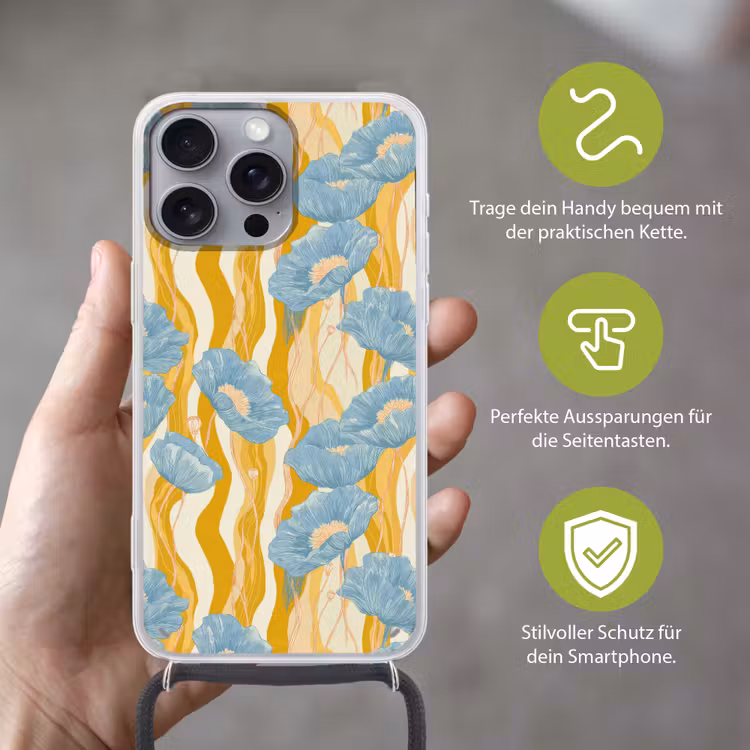Papavers - Botanisch - Blauw Hoesje iPhone 16 Pro Max met koord klein 804 -sfeer2_DE