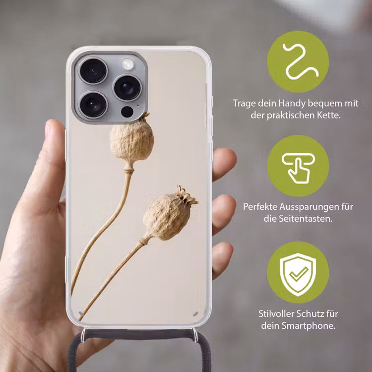Papaverbollen - Droogbloemen - Minimalistisch - Beige - Rustig Hoesje iPhone 16 Pro Max met koord klein -sfeer2_DE