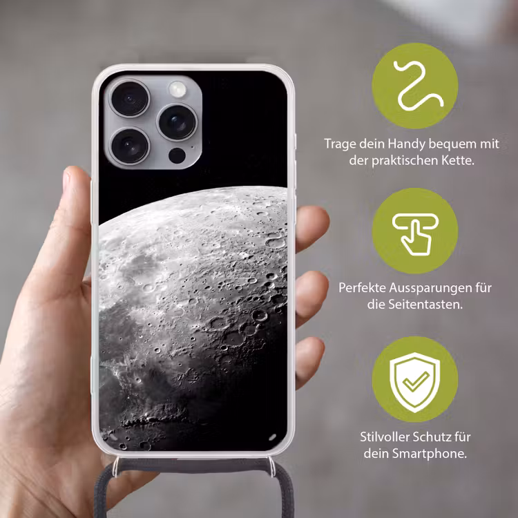 Handyhülle mit Band - Mond – Krater – Weltraum - Maan - Kraters - Ruimte Hoesje iPhone 16 Pro Max met koord klein