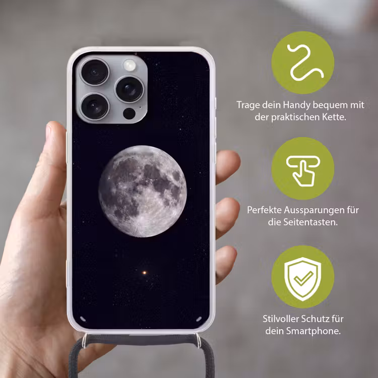 Handyhülle mit Band - Mond – Sterne – Weltraum - Maan - Sterren - Ruimte Hoesje iPhone 16 Pro Max met koord klein