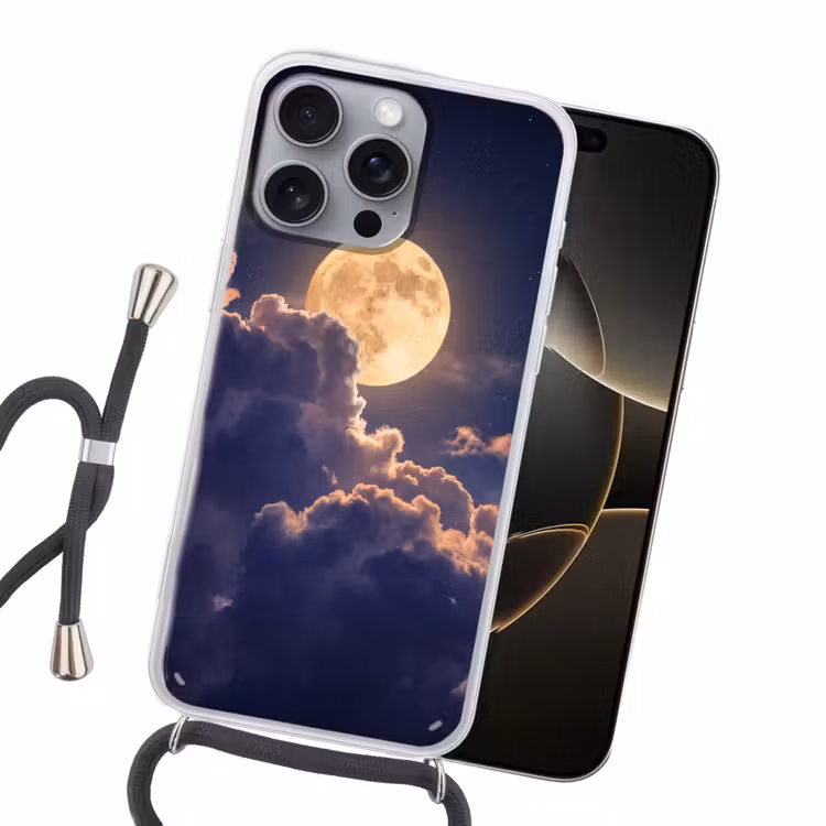 Maan - Wolken - Nacht - Oranje Hoesje iPhone 16 Pro Max met koord klein -sfeer1