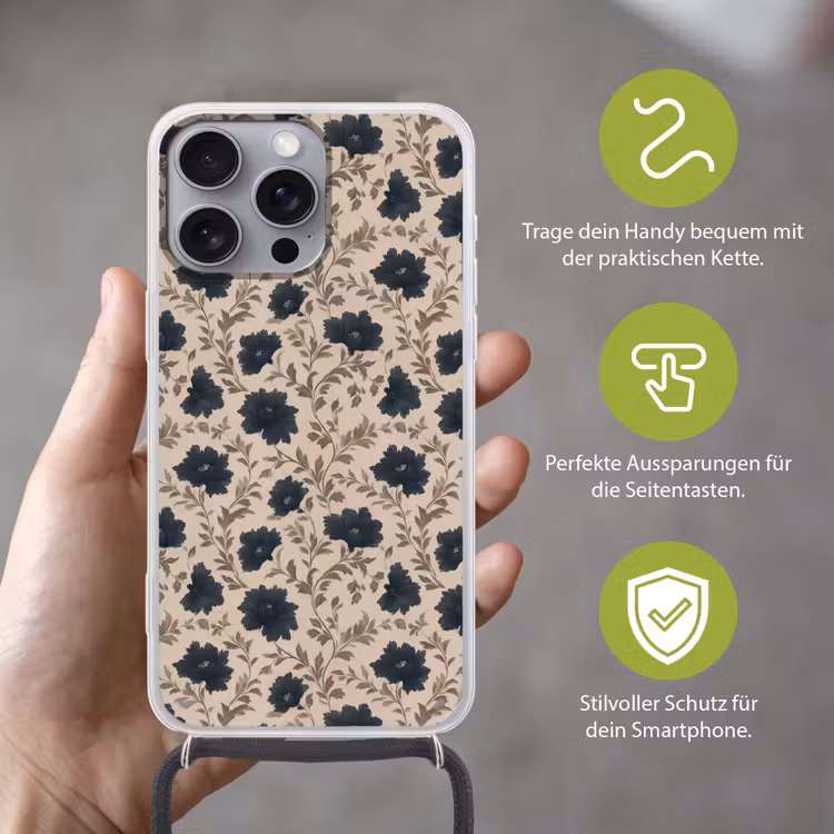 Motief - Bloemen - Zwart - Beige Hoesje iPhone 16 Pro Max met koord klein 804 -sfeer2_DE