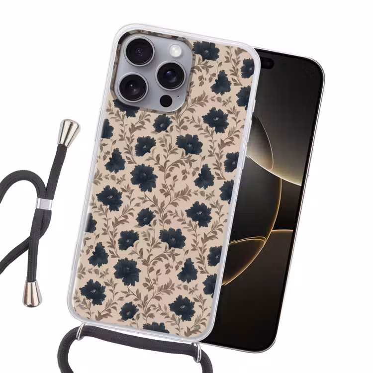 Motief - Bloemen - Zwart - Beige Hoesje iPhone 16 Pro Max met koord klein 804 -sfeer1