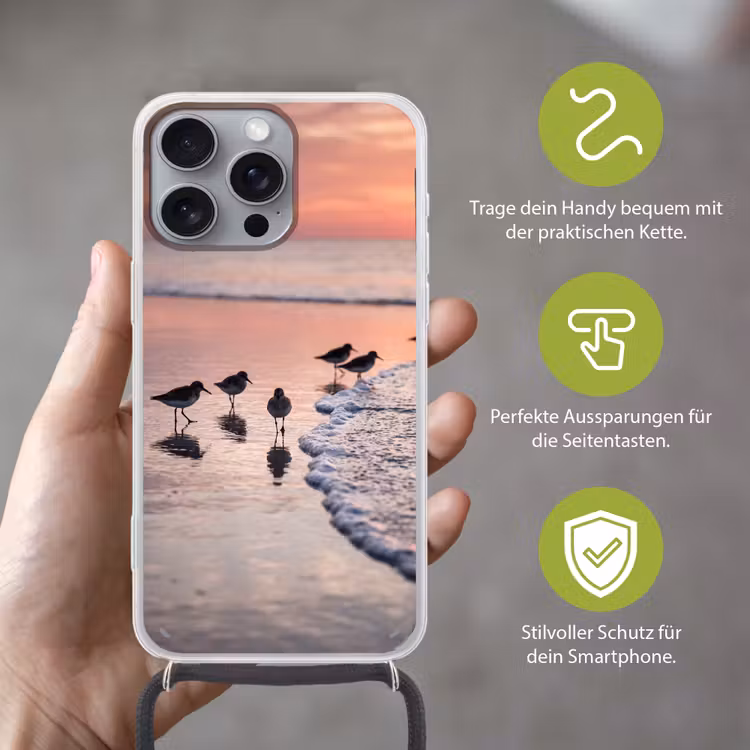 Meeuwen - Strand - Zee - Roze Hoesje iPhone 16 Pro Max met koord klein -sfeer2_DE