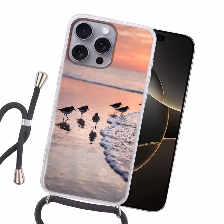 Meeuwen - Strand - Zee - Roze Hoesje iPhone 16 Pro Max met koord klein -sfeer1