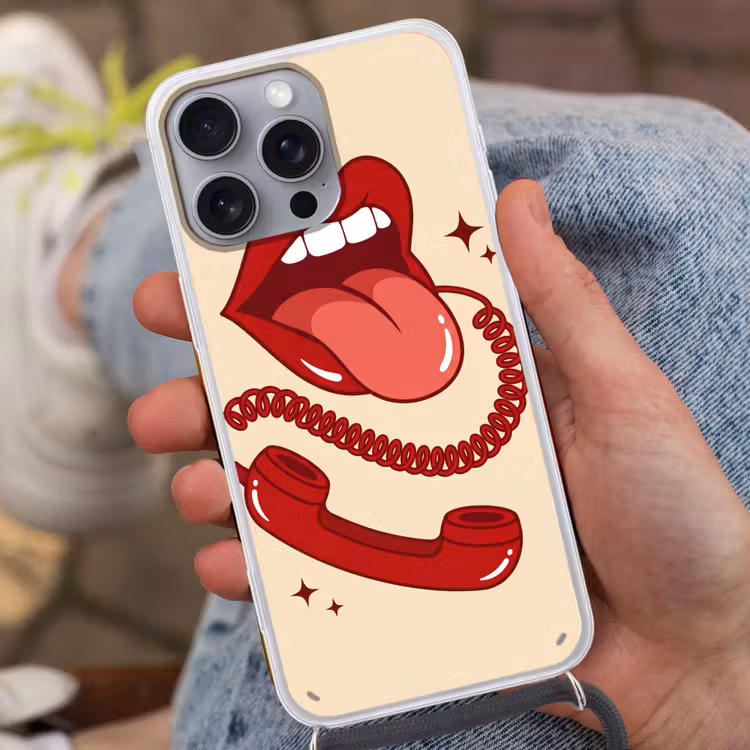 Mond - Telefoon - Popart - Rood - Illustratie Hoesje iPhone 16 Pro Max met koord klein -sfeer3