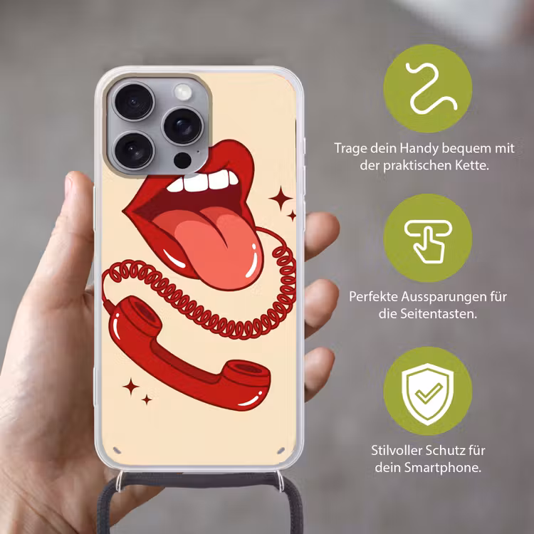 Mond - Telefoon - Popart - Rood - Illustratie Hoesje iPhone 16 Pro Max met koord klein -sfeer2_DE