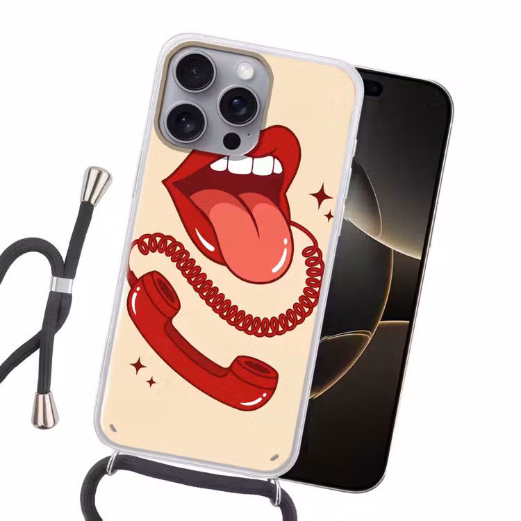 Mond - Telefoon - Popart - Rood - Illustratie Hoesje iPhone 16 Pro Max met koord klein -sfeer1