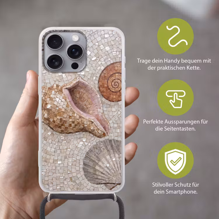 Schelp - Mozaïek - Zee - Beige - Modern Hoesje iPhone 16 Pro Max met koord klein -sfeer2_DE