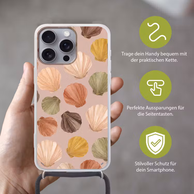 Schelp - Patroon - Zee - Aquarel - Aardetinten Hoesje iPhone 16 Pro Max met koord klein -sfeer2_DE