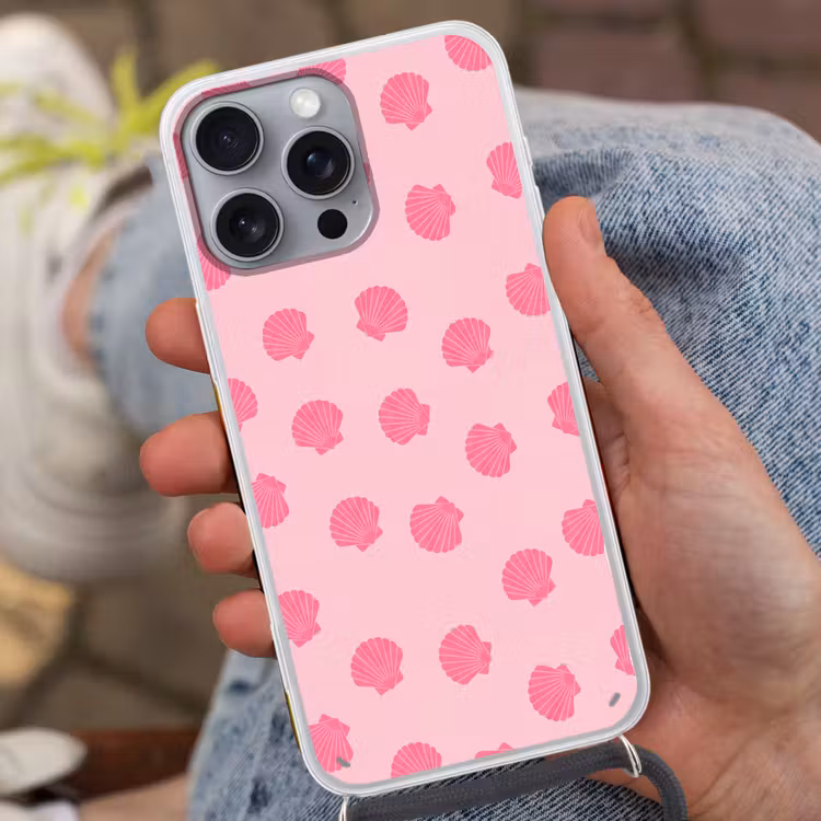 Schelp - Patroon - Zee - Modern - Roze Hoesje iPhone 16 Pro Max met koord klein -sfeer3