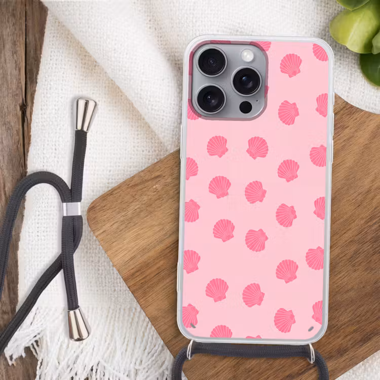 Schelp - Patroon - Zee - Modern - Roze Hoesje iPhone 16 Pro Max met koord klein -sfeer4