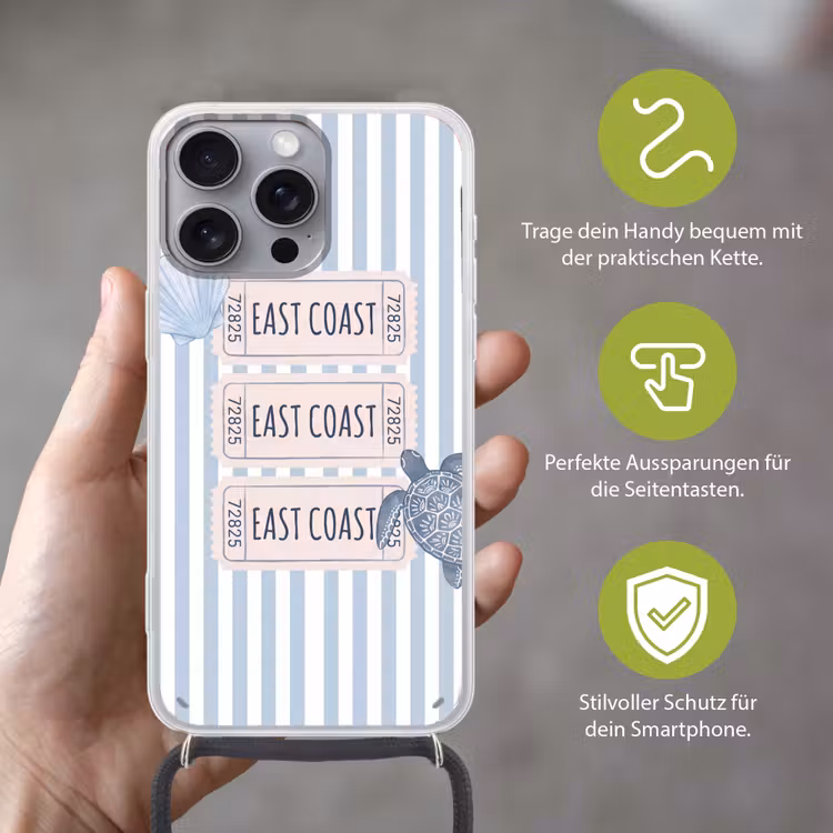 Schelp - Oceaan - Kust - Blauw - Illustratie Hoesje iPhone 16 Pro Max met koord klein -sfeer2_DE