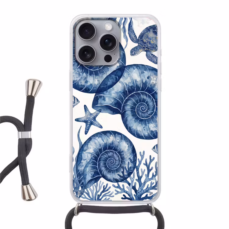 Schelp - Spiraal - Zeeleven - Aquarel - Blauw Hoesje iPhone 16 Pro Max met koord klein -3d