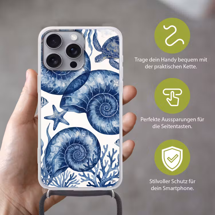 Schelp - Spiraal - Zeeleven - Aquarel - Blauw Hoesje iPhone 16 Pro Max met koord klein -sfeer2_DE