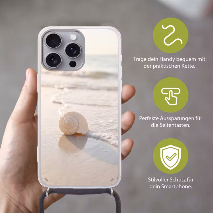 Zeeschelp - Strand - Zee - Natuur - Beige Hoesje iPhone 16 Pro Max met koord klein -sfeer2_DE