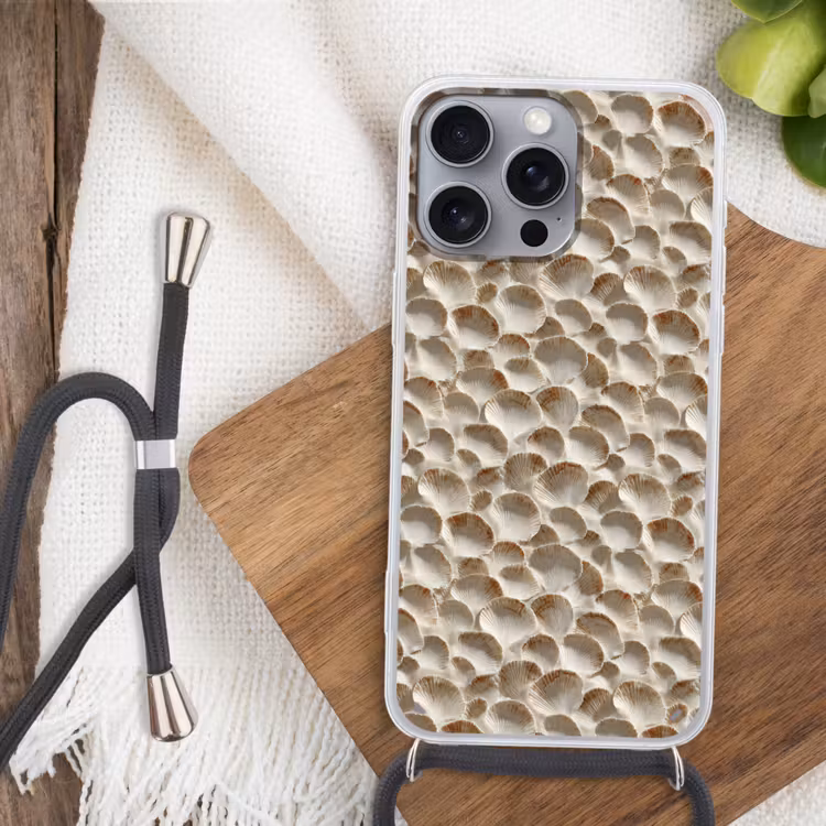 Schelpen - Waaiervorm - Wit Hoesje iPhone 16 Pro Max met koord klein 804 -sfeer4