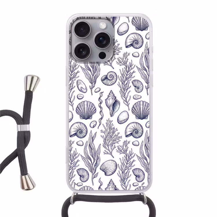 Schelpen - Zeewier - Oceaan - Illustratie - Blauw Hoesje iPhone 16 Pro Max met koord klein -3d
