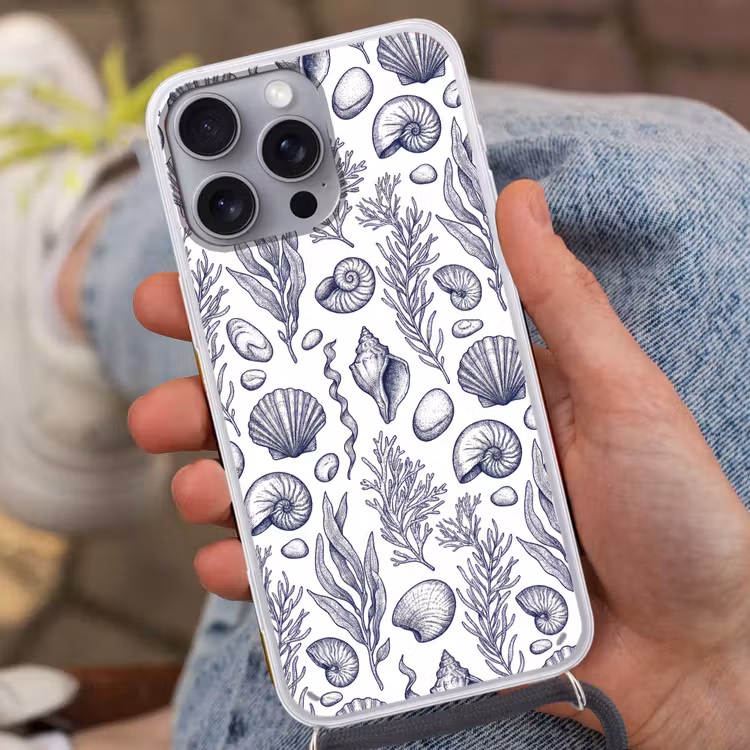 Schelpen - Zeewier - Oceaan - Illustratie - Blauw Hoesje iPhone 16 Pro Max met koord klein -sfeer3