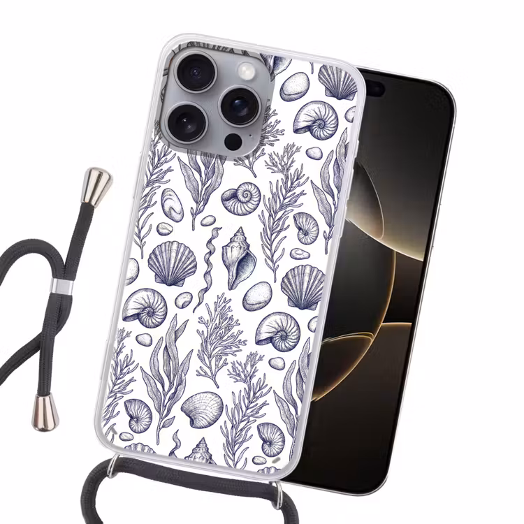 Schelpen - Zeewier - Oceaan - Illustratie - Blauw Hoesje iPhone 16 Pro Max met koord klein -sfeer1