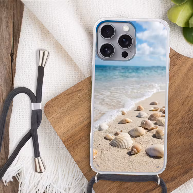 Schelpen - Strand - Natuur - Beige Hoesje iPhone 16 Pro Max met koord klein -sfeer4